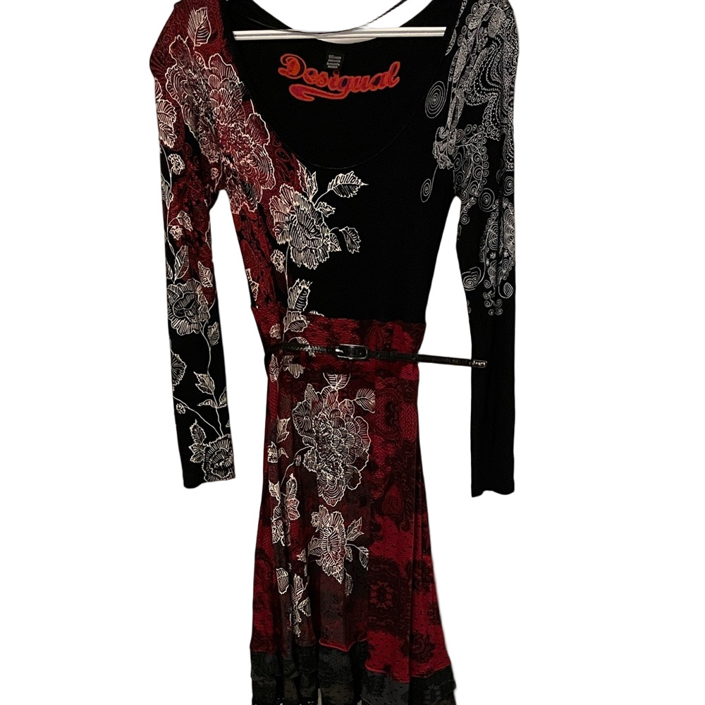 Desigual Black and Red Long Sleeve Floral Dress Size Small